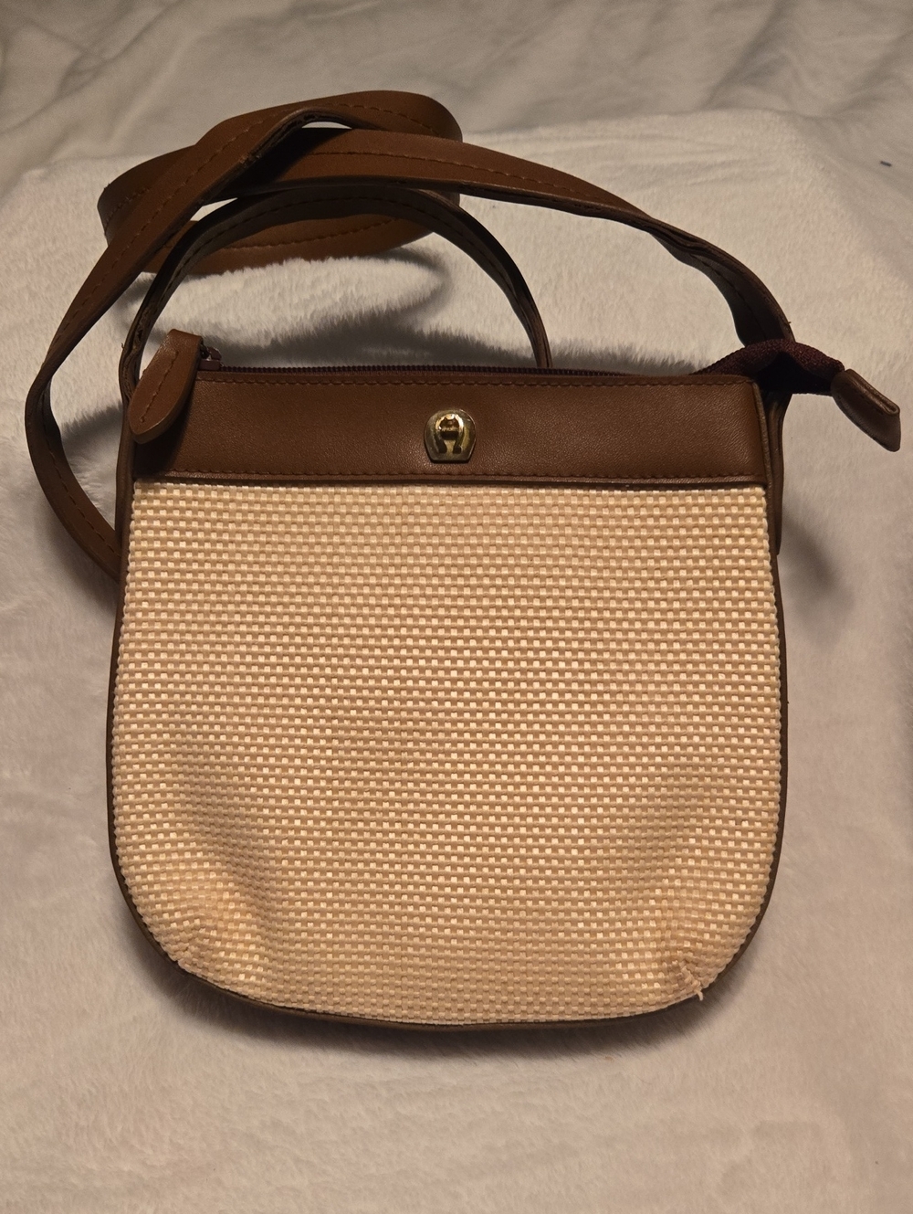 Etienne Aigner Vintage Cream Straw with Brown Leather trim Crossbody Bag